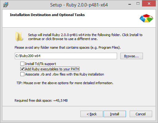 Screenshot of the Ruby installation's final step